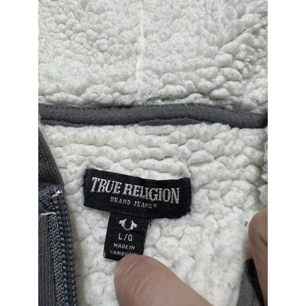 True Religion Buddha Sherpa Lined Full Zip Hoodie Sweatshirt Men's Large‎ Gray